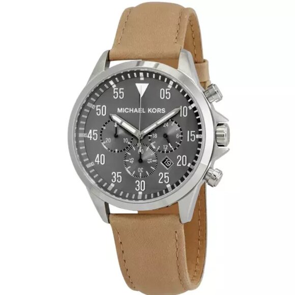 MICHAEL KORS MK8616 GAGE GREY CHRONOHGRAPH DIAL BROWN LEATHER BAND MENS WATCH - Picture 1 of 4